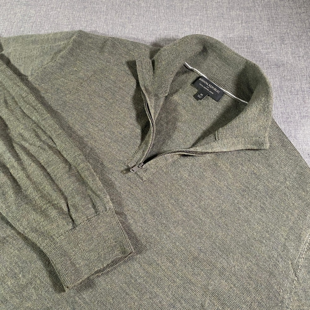Banana Republic‎ Mens XL 100% Merino Wool Olive Green Quarter Zip Sweater
